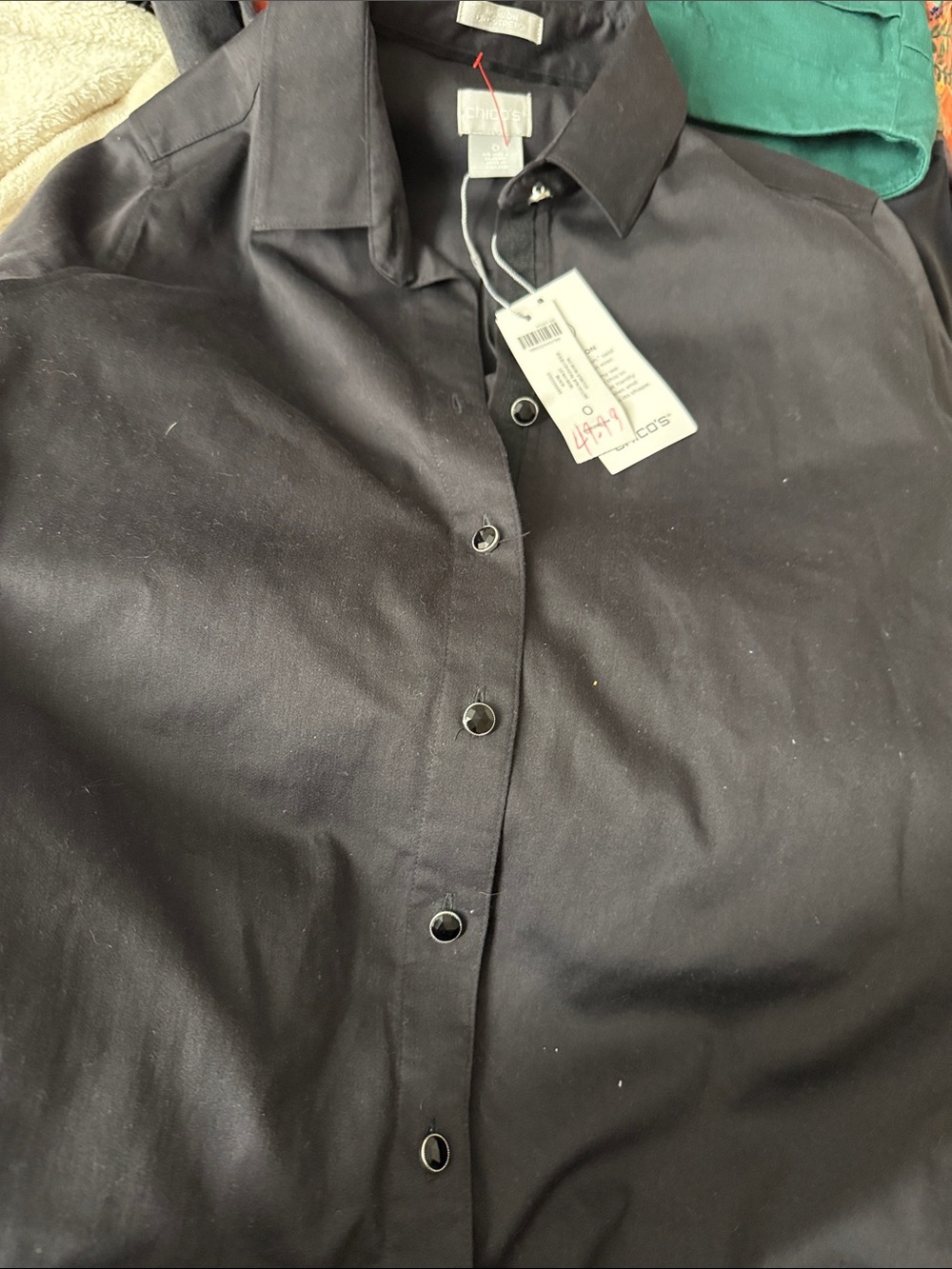 Chico's Black No Iron Chic Stretch Crystal Button-Front Blouse 2-4